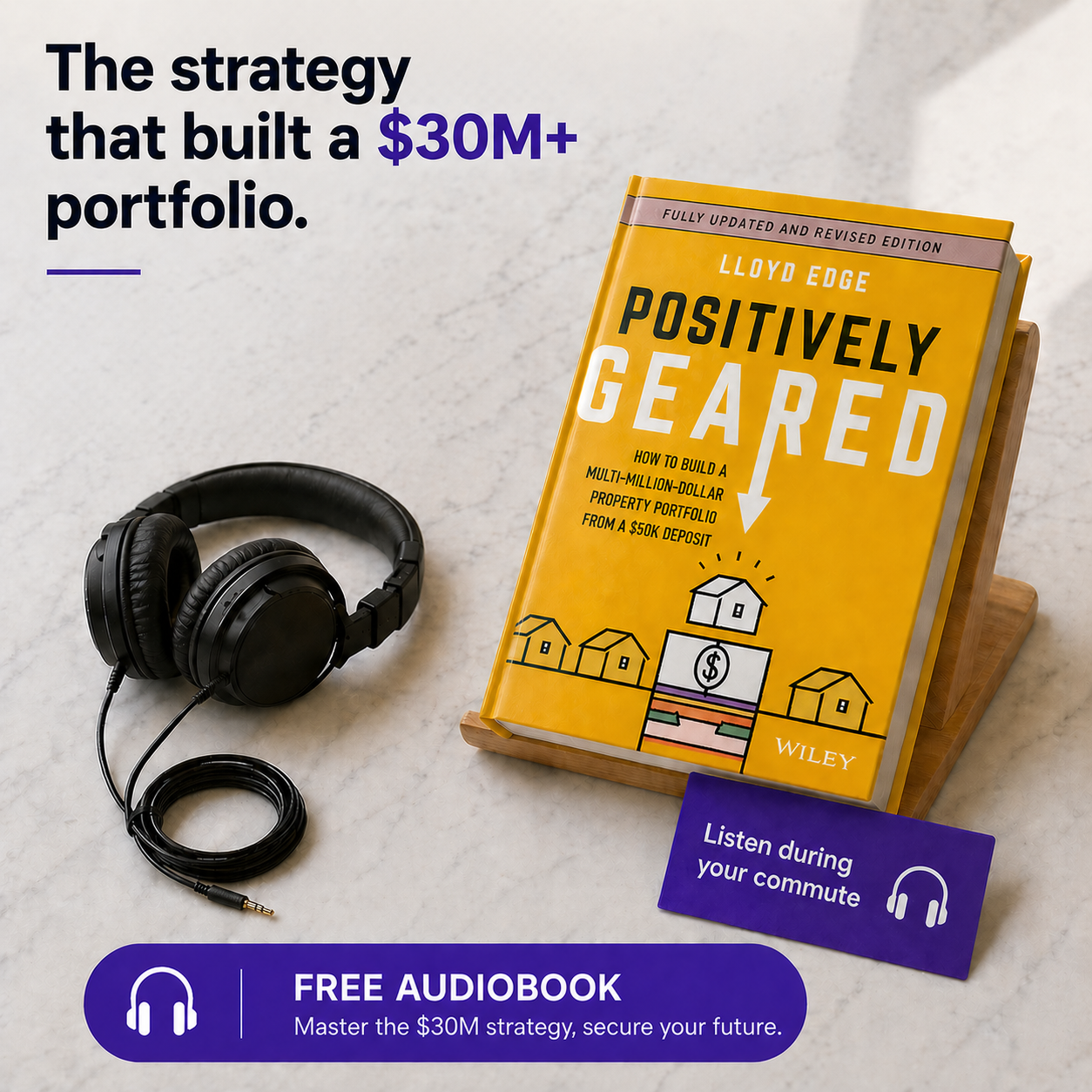 Free audiobook ad creative with Positively Geared book and headphones