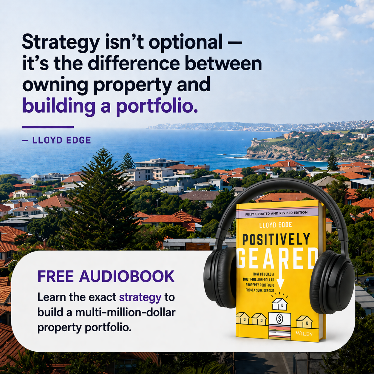 Free audiobook ad creative with Lloyd Edge quote and coastal property