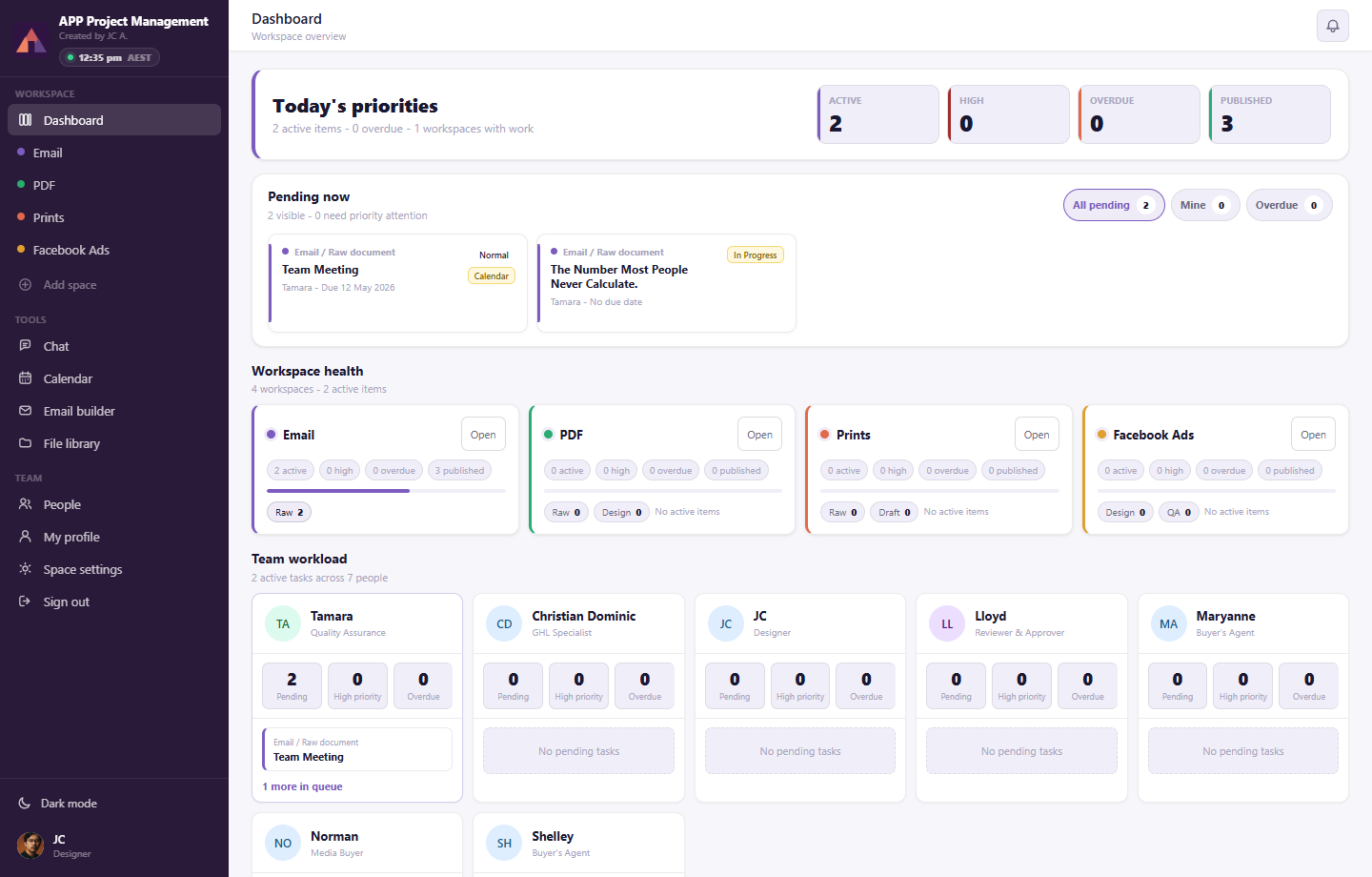 APP Project Management desktop board screen