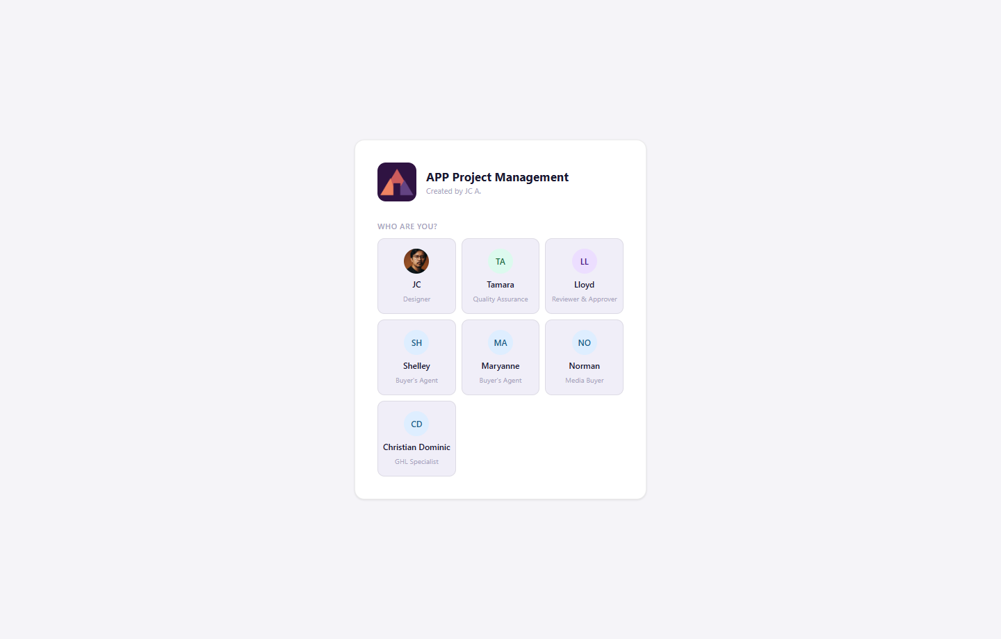 APP Project Management team login screen
