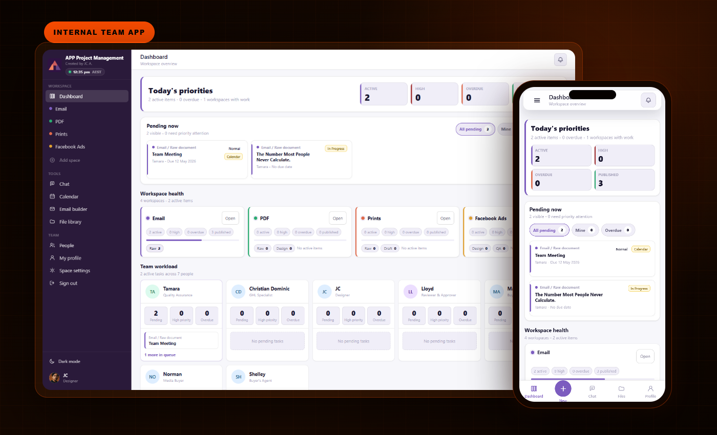 APP Project Management web and mobile app screens
