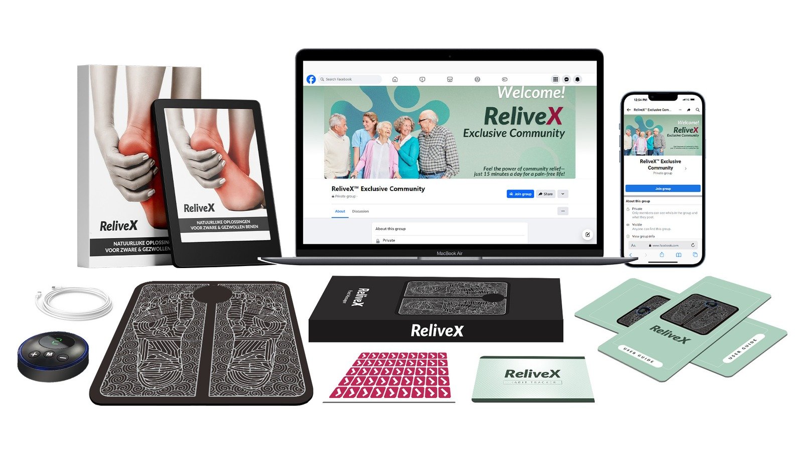 ReliveX ecommerce brand product, Shopify, packaging, and community assets